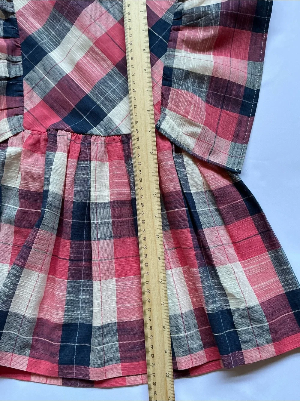 Bonnie Jean Plaid Flutter-Sleeve Dress in Coral, Navy and Cream